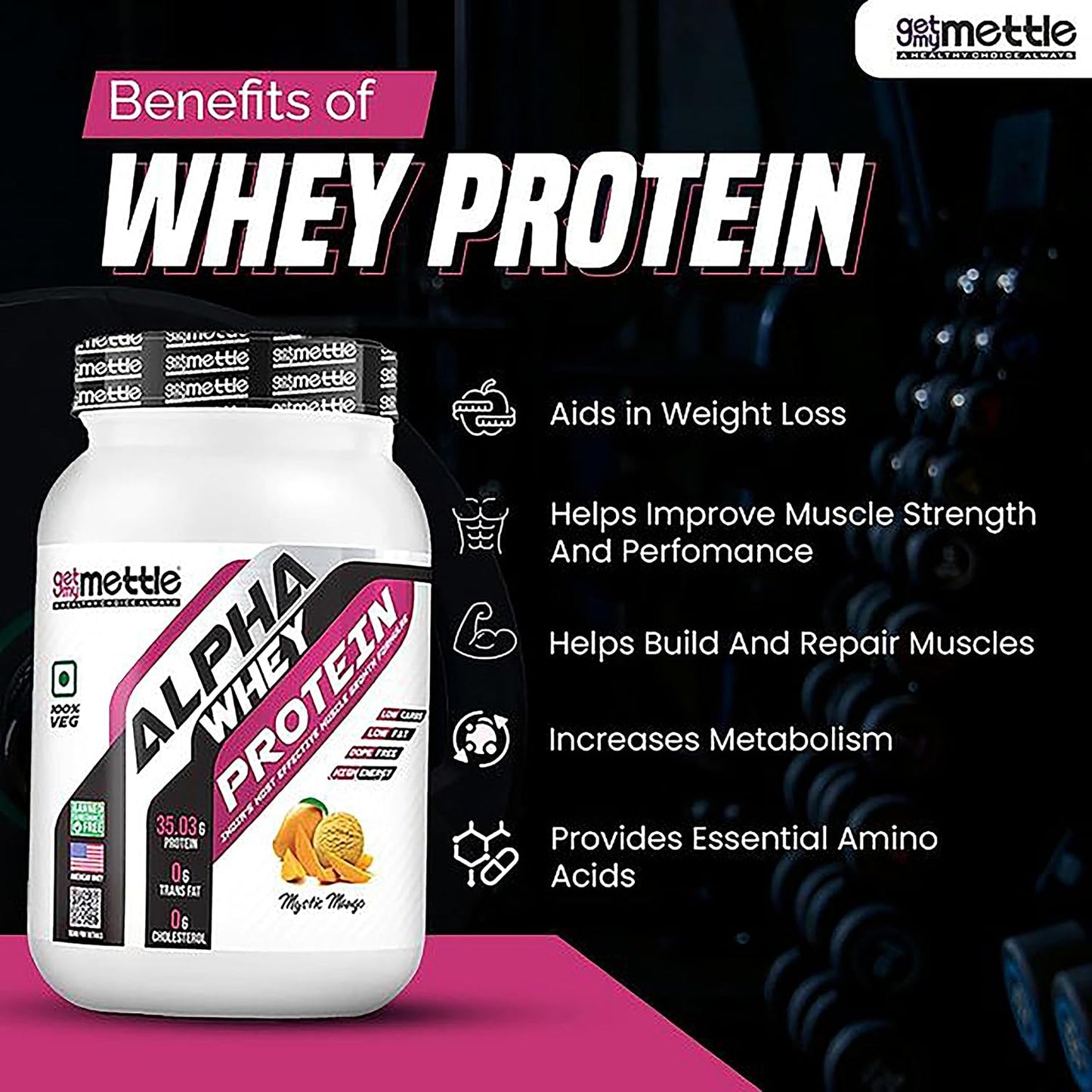 Getmymettle Alpha Whey Protein 1kg Kesar Pista Flavor, 35g Protein Muscle Growth & Rapid Recovery Post-Workout. Budget Friendly, USA Imported Whey