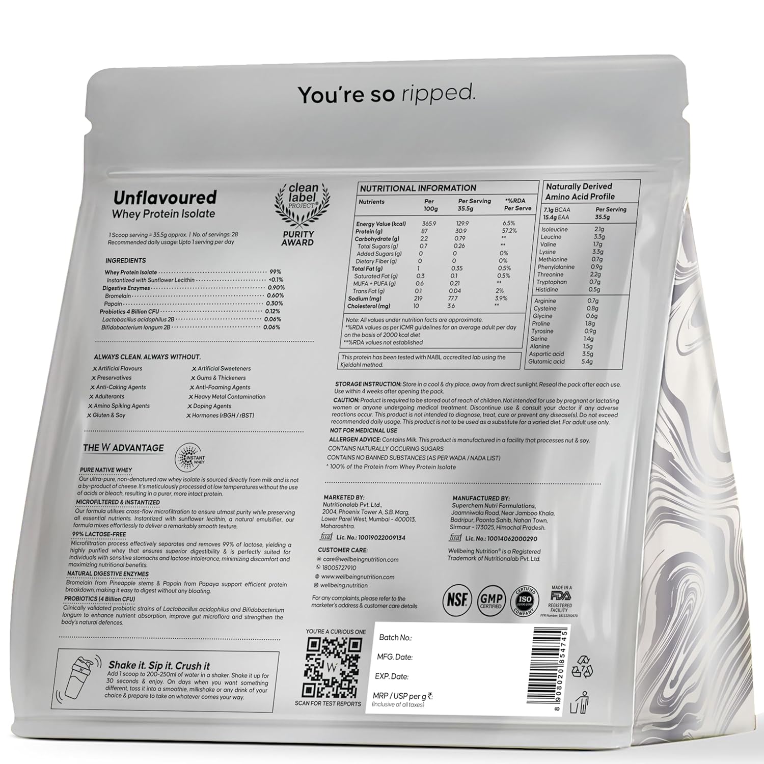 Wellbeing Nutrition Whey Protein Isolate 1kg Unflavoured | 31g Protein, 7.1g BCAA | 4B CFU Probiotics & Natural Digestive Enzymes | Fast Absorbing, No Bloating, Easy to Digest | Faster Muscle Recovery