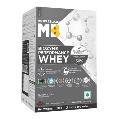 MuscleBlaze Biozyme Performance Whey Protein Powder, Rich Chocolate (1kg / 2.2lbs) | 25g Protein Per Scoop | Clinically Tested 50% Higher Protein Absorption