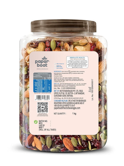 Paper Boat Absolute Health Dry Fruits Mix, Premium Trail Mix | Healthy Mixed Nuts with Dry Fruits | Almonds | Cashews | Cranberry | Pumpkin Seeds | Candied Amla, Reusable Jar (1000g)