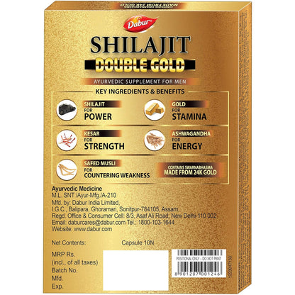 DABUR Shilajit Double Gold-10 Capsules|2X Stamina&Strength|100% Ayurvedic Capsules For More Strength,Power,Energy&Stamina|Helps In Countering Weakness|Premium Vitality Ayurvedic Supplement|For Men